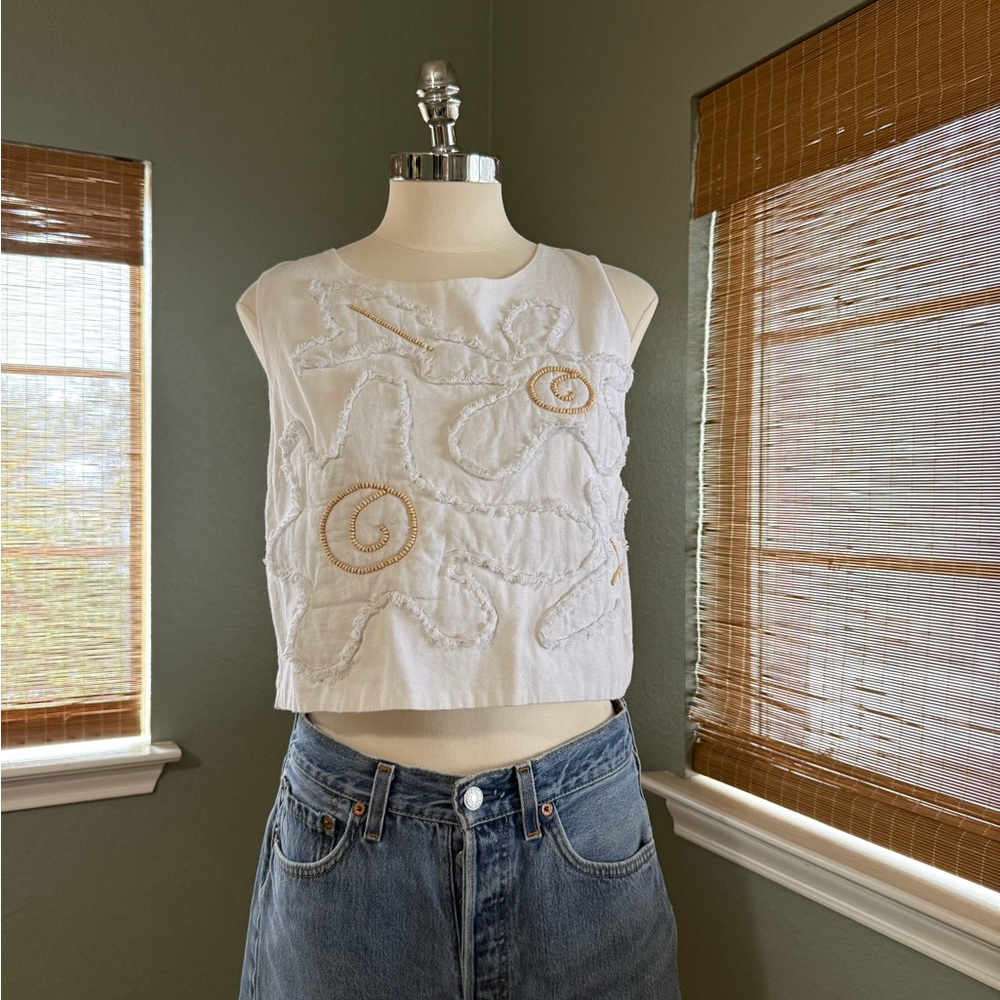 WHIT White and Tan Embroidered Crop Top